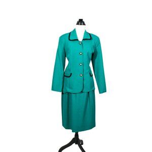 Vintage 1990s Teal & Black Power Skirt Suit Size 14 Nikki Brand